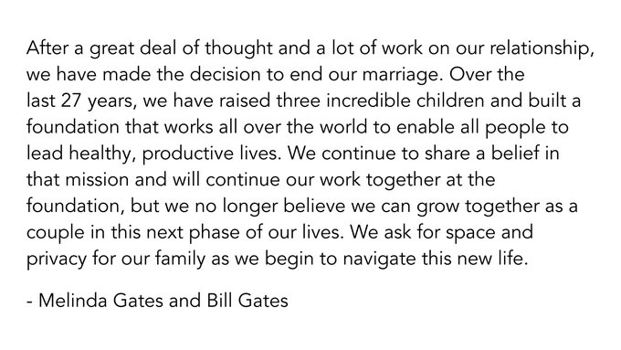Tweet ufficiale della separazione Bill Gates da Melinda